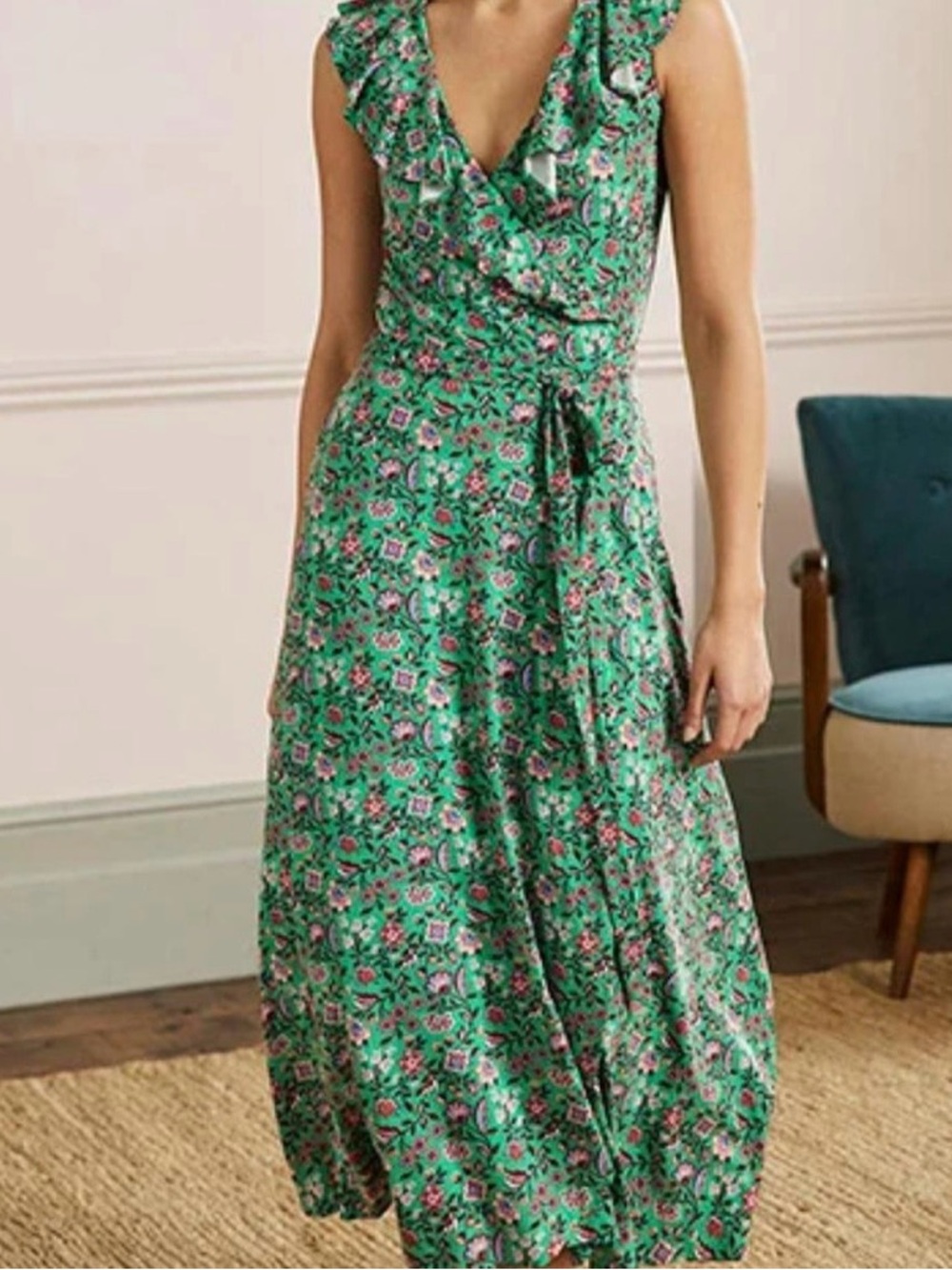 Boden Green Floral Maxi Dress with Pink Accents
